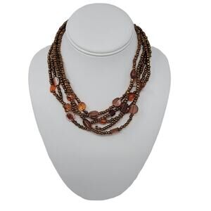 Multi Strand Glass Beaded Necklace Copper Brown Choker Collar Extender